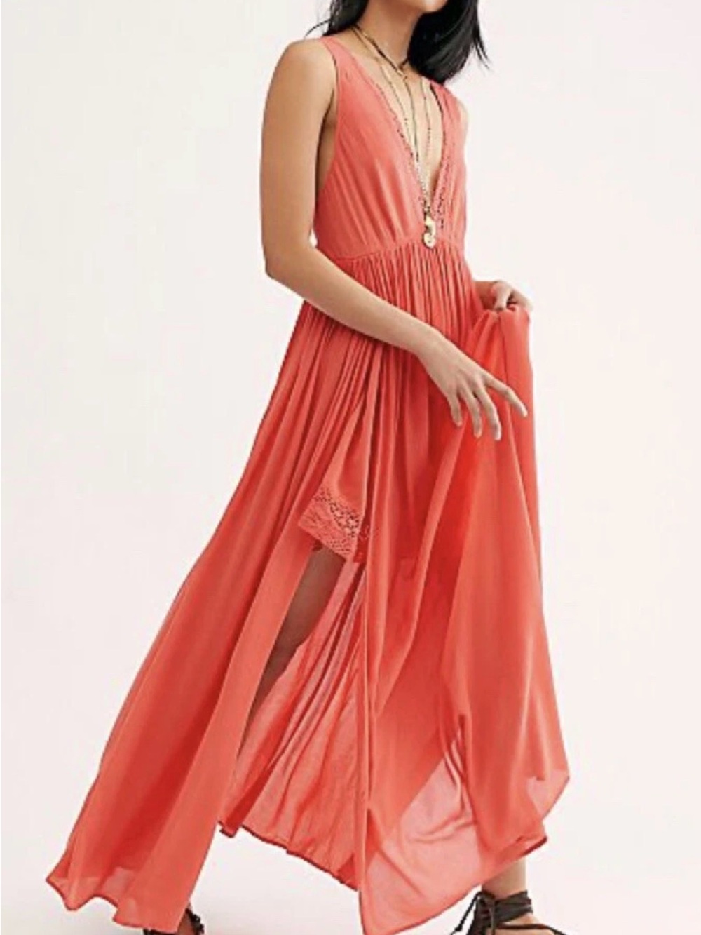 Free People Coral Sleeveless Maxi Dress with V-Neck